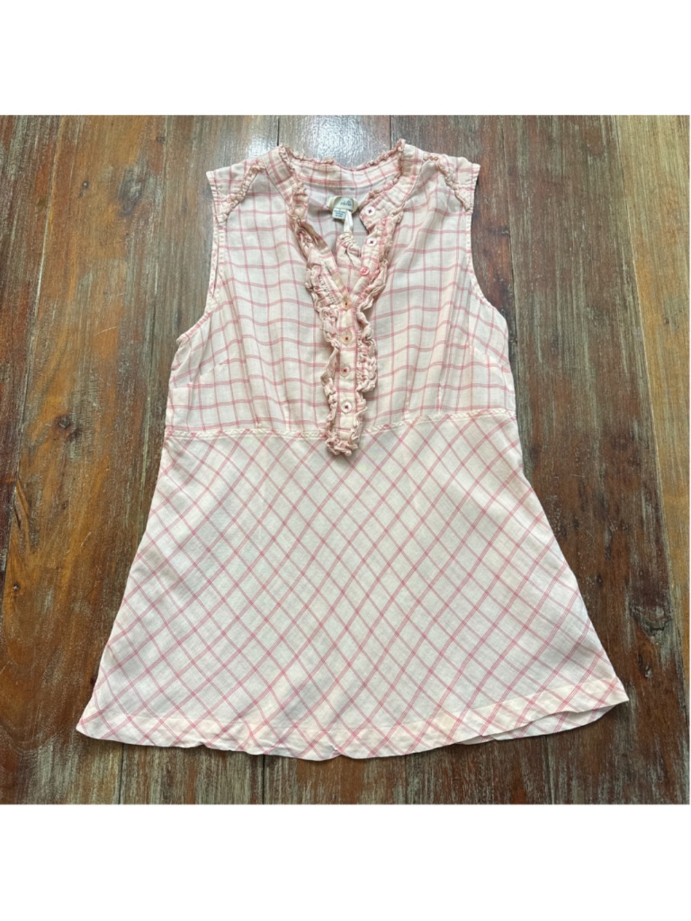 Odille Anthropologie Plaid Ruffle Henley Tank Top Size 2 Pink Beige Cottagecore